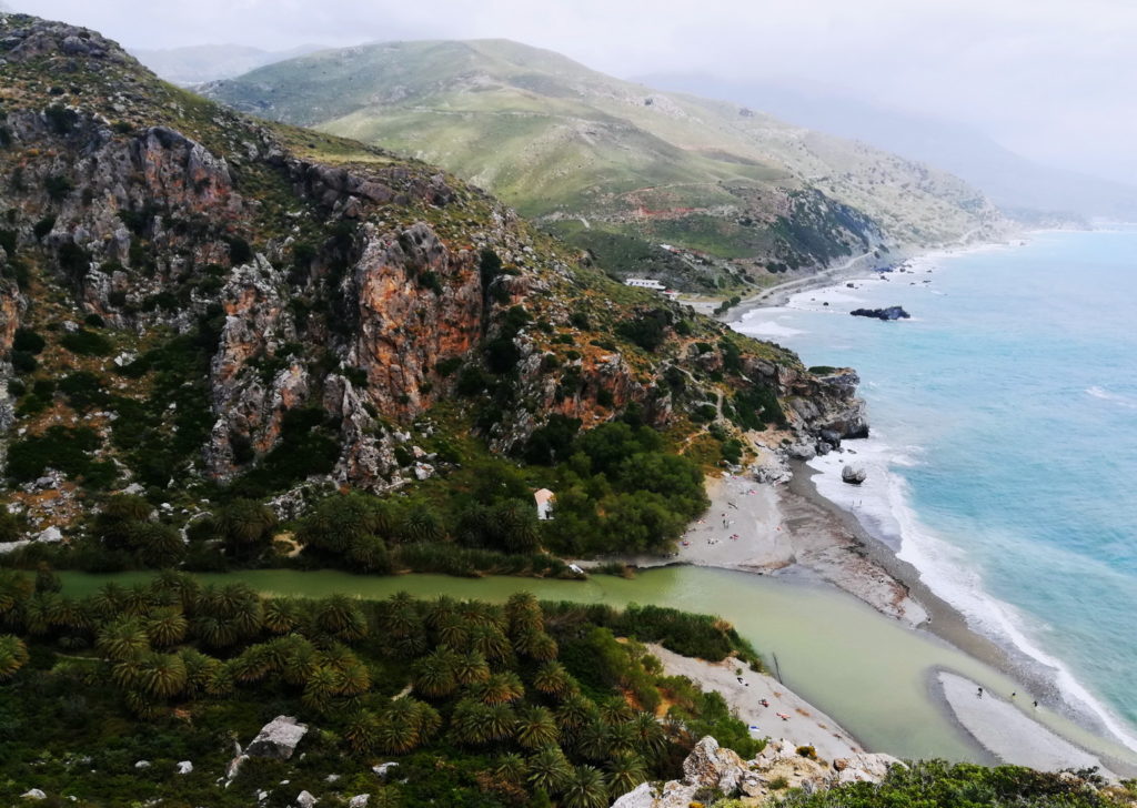 A view of Preveli beach with its palm forest from abovee