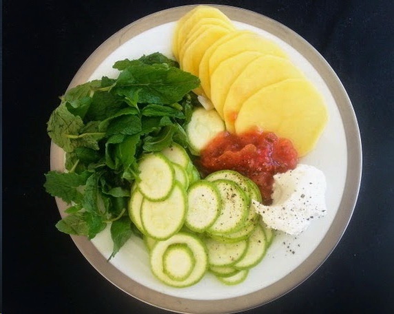 Boureki Ingredients - fresh mint, tomato, zucchini, potato, and myzithra cheese
