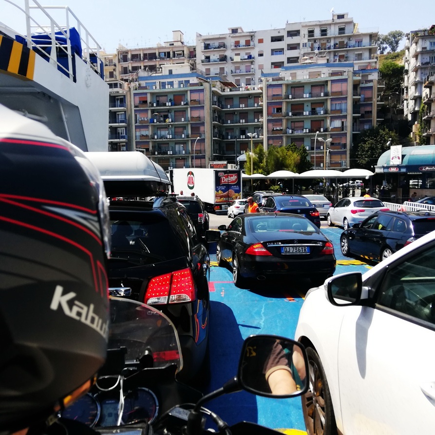 Greece to Sicily by Motorcycle -Driving off the Ferry in Messina, Sicily 