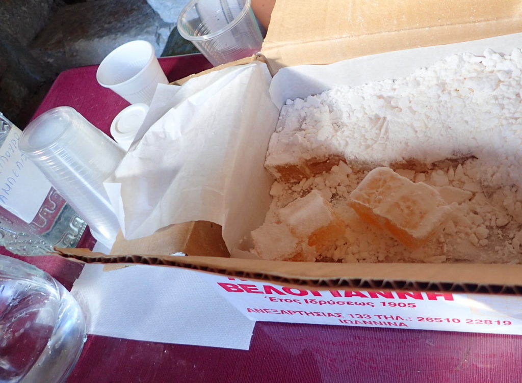 Loukoumia and Tsipouro at the Viliza monastery, Tzoumerka