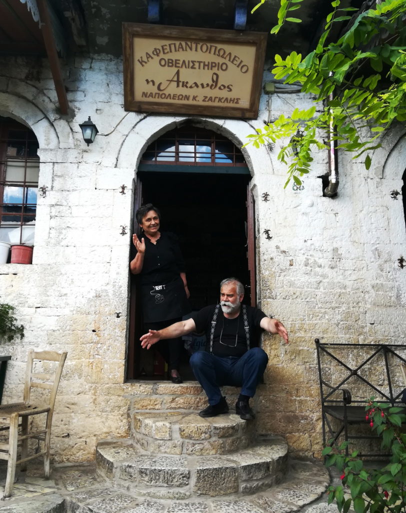 Napoleon Zaglis on the steps at his classic Pantopoleion in Kalarytes, Tzoumerka