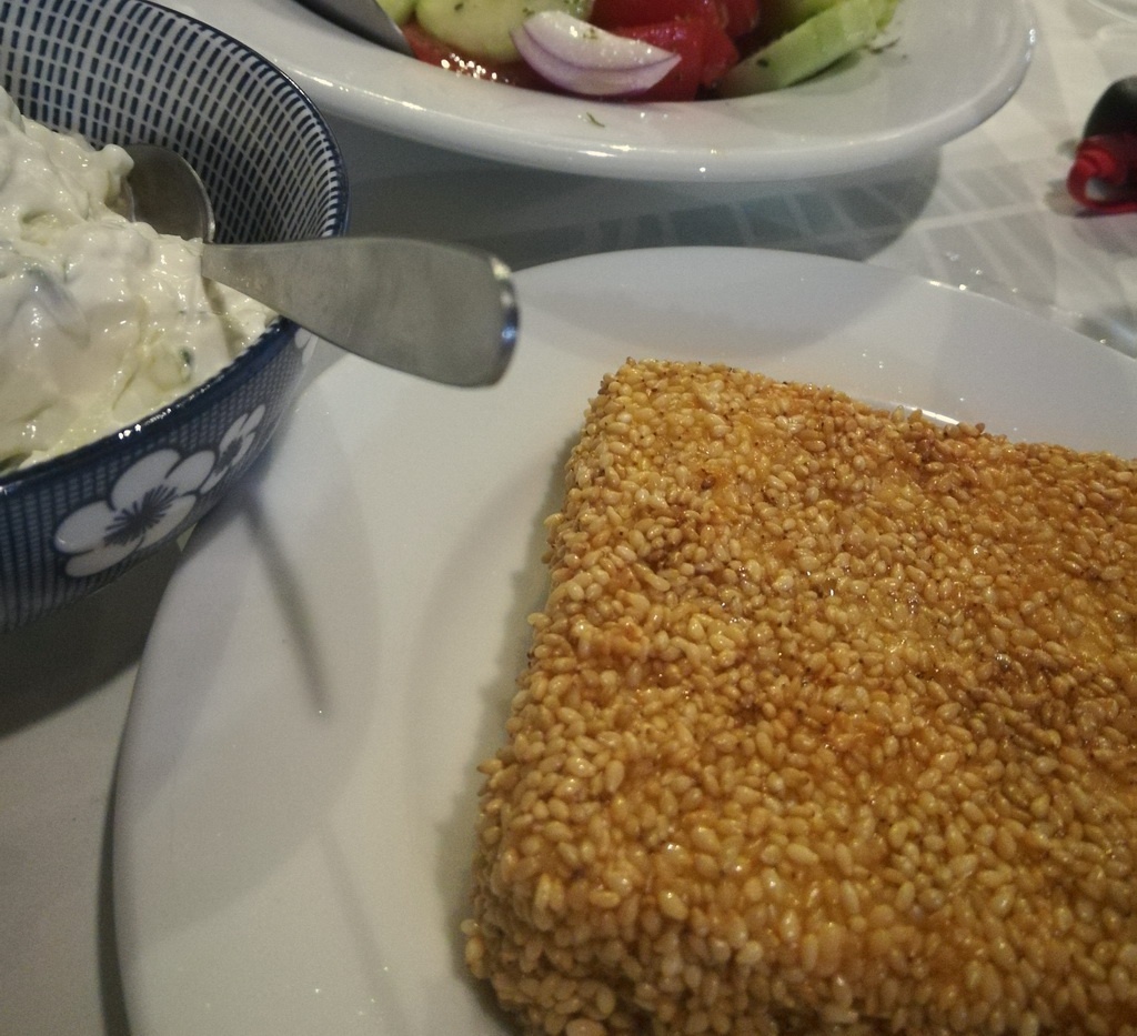 Sesame-coated Feta Saganaki at Akrogiali