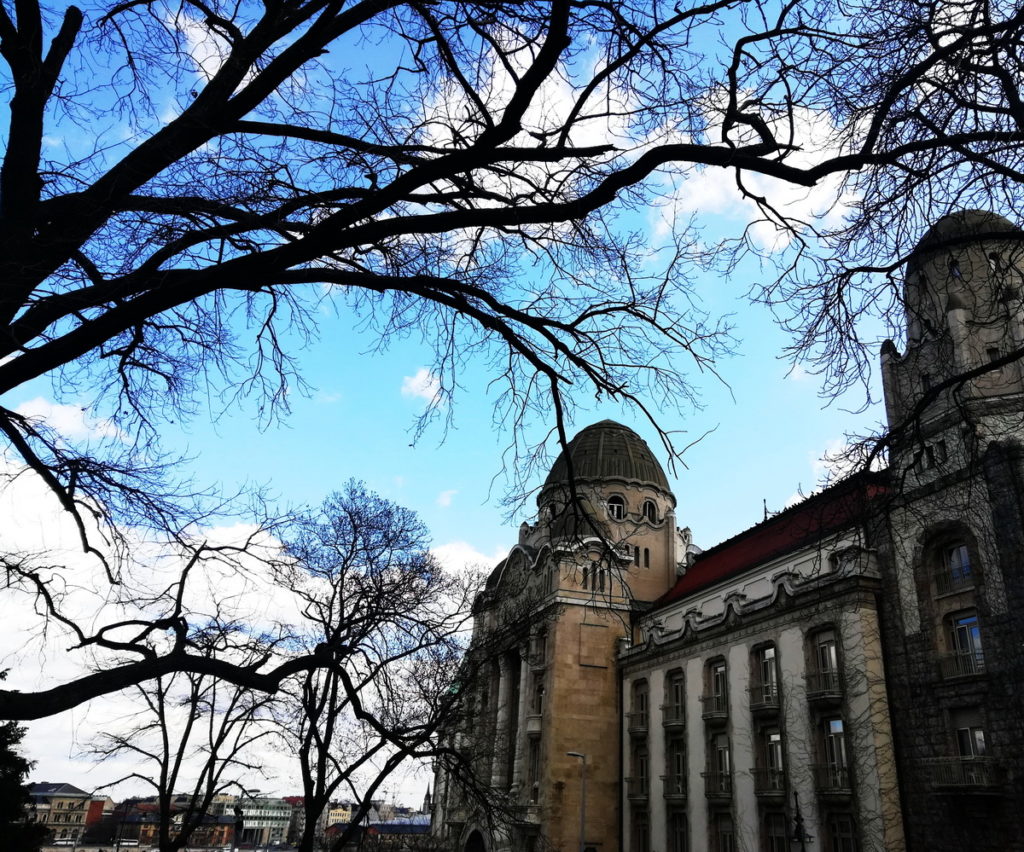 Winter in Budapest is the most serene season - here, the facade of the Gellert spa as glimpsed through bare branches 