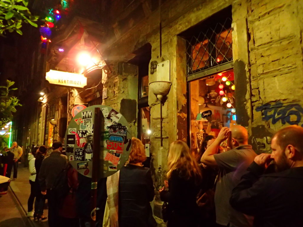 Ruin pubs are a perfect Winter in Budapest activity - here, the line outside Szimpla Kert