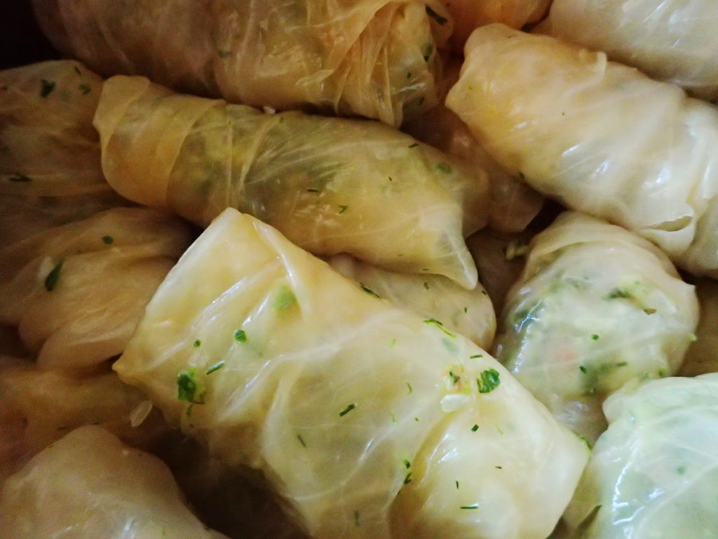 The finished Greek cabbage rolls in the pot, ready to cook