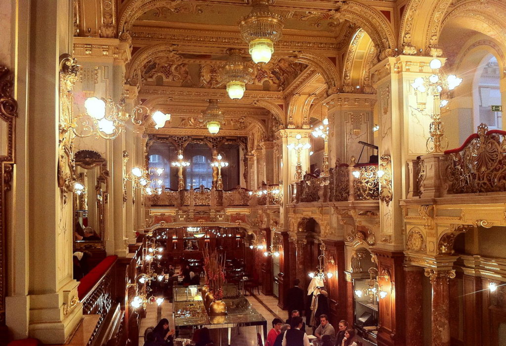 The sumptuous and ornate New York Café with high ceilings is a partculalry elegant place to warm up in winter in Budapest.