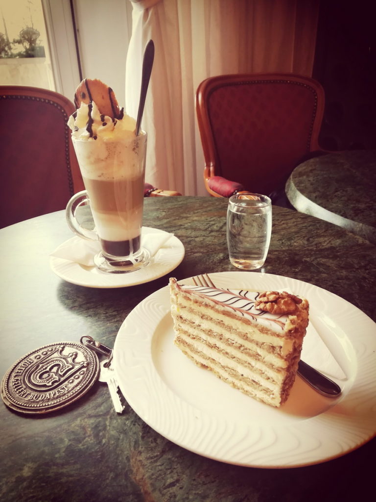 A Tall Melange with Chocolate and a Slice of Esterházy Torte on 2 or 3 days in Budapest