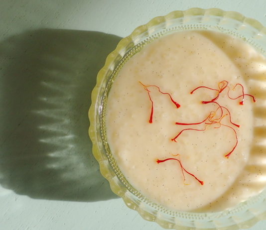 A simple syrup of saffron makes an elegant addition to rizogalo