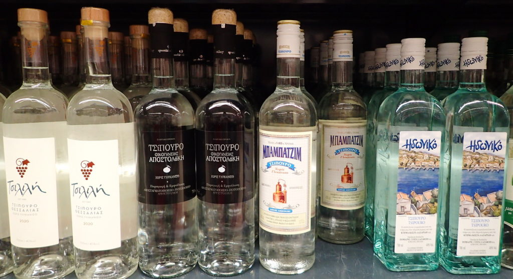 Tsilili, Apostolaki, Babazim, and Idoni are some of the most popular distillers of quality Tsipouro. ere, a shelf in a Greek supermarket