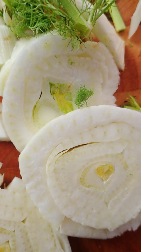 Slices of fresh fennel to chop for dolmadakia